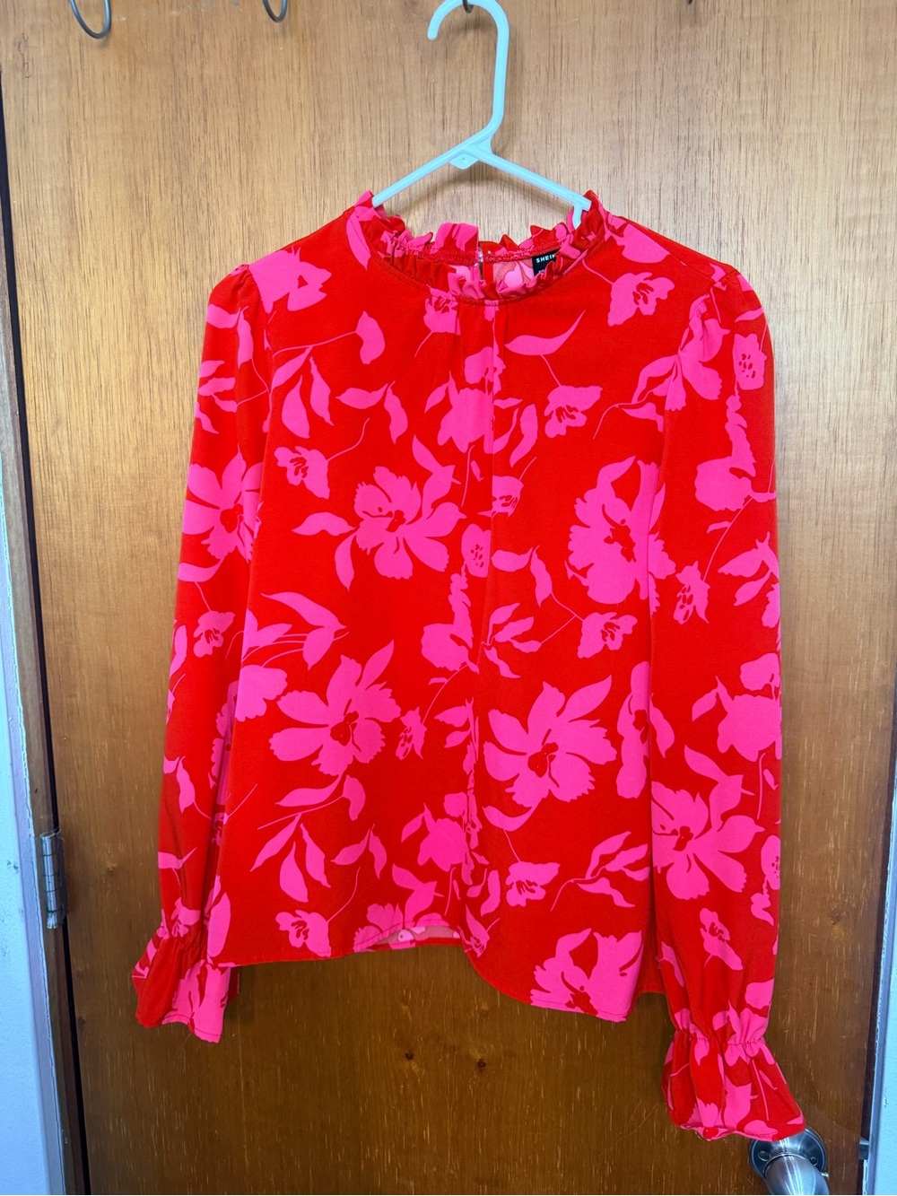 SHEIN Red Blouse with Pink Floral Print
